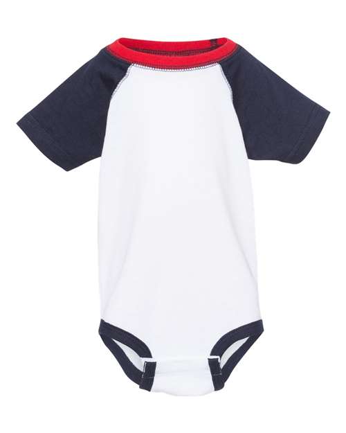 Rabbit Skins Infant Onesie Raglan - Navy Sleeve, Red Outline / White Body