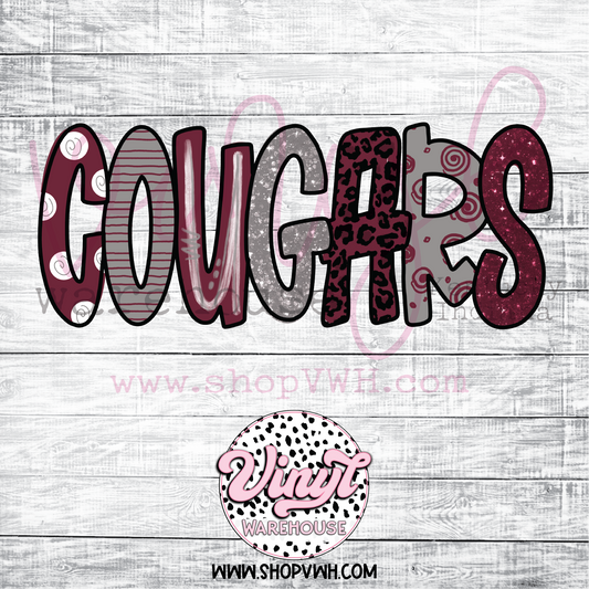 Cougars (Maroon Gray Doodle Letters) - Heat Transfer Print