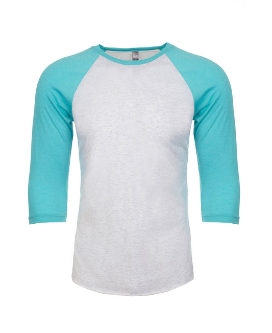 Next Level Raglan - Tahiti Blue Sleeve / Heather White Body